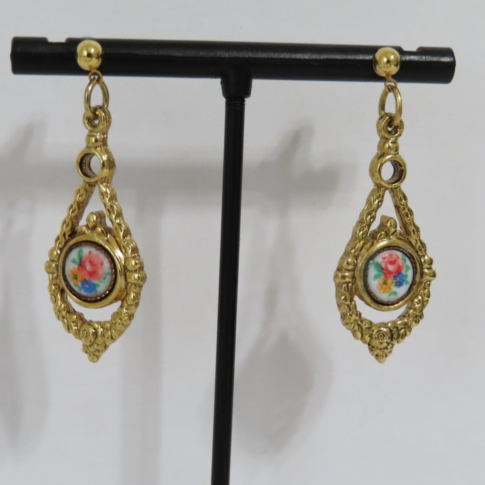 Rose Cameo dangle earrings, Gold tone floral drop earrings
